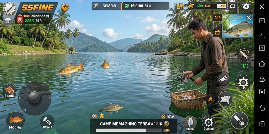 Screenshot gameplay 55FIVE saat menangkap ikan besar di laut.