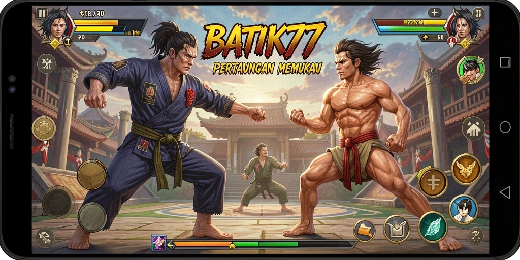 Screenshot utama BATIK77 menampilkan aksi pertarungan yang intens dan karakter unik.