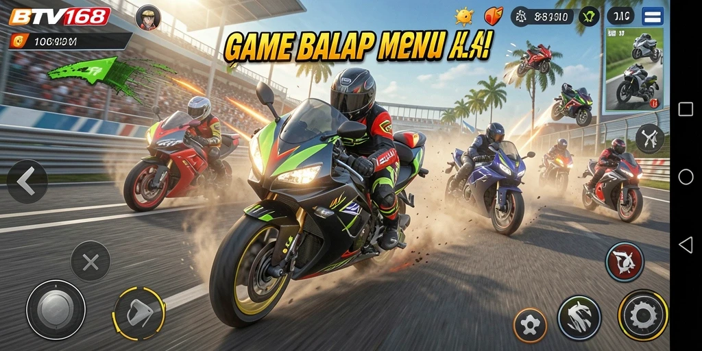 Gameplay seru BTV168 dengan balapan motor yang mendebarkan.