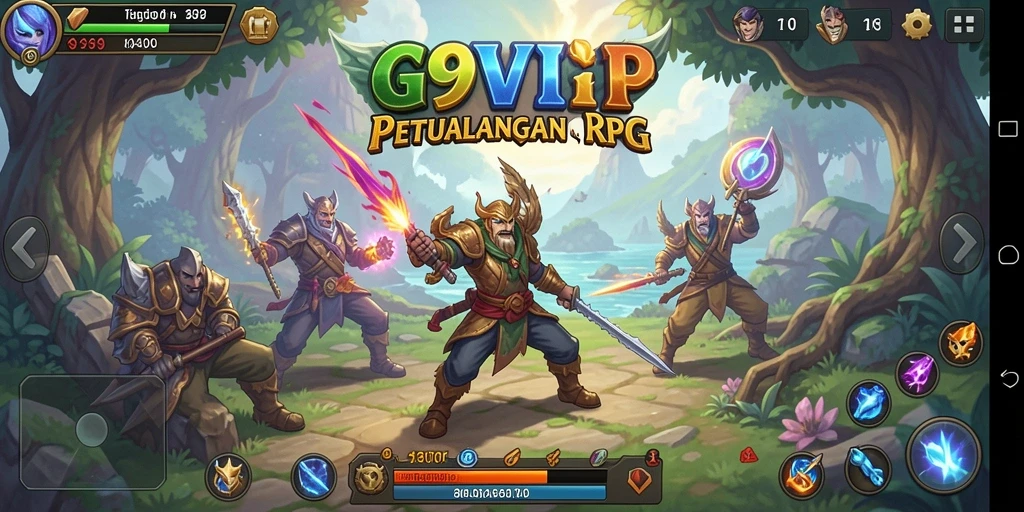 Tangkapan layar utama G9VIP menampilkan aksi pertempuran RPG yang mendebarkan.