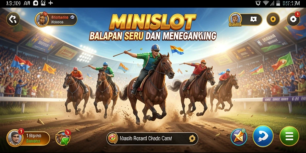 Tangkapan layar utama MINISLOT menampilkan balapan seru di lintasan kota.