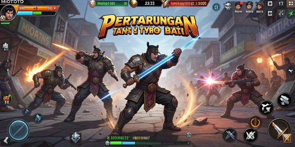 Screenshot gameplay MIOTOTO menampilkan pertarungan seru dengan karakter yang beragam.