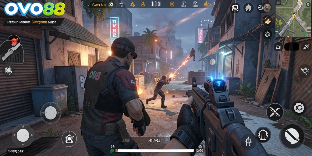 Screenshot utama OVO88 menampilkan aksi intens dalam gameplay TPS yang mendebarkan.
