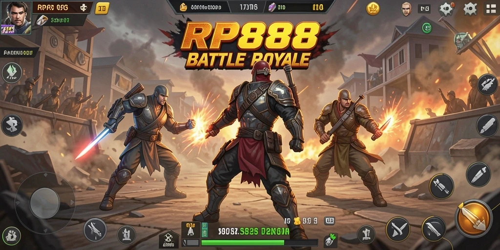 Screenshot gameplay RP888 yang menampilkan aksi medan perang Battle Royale.