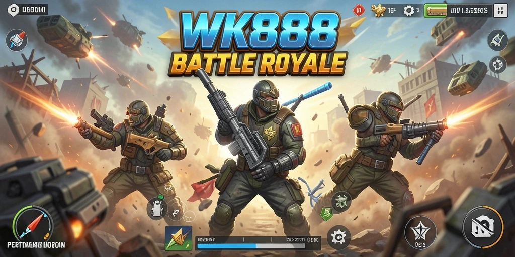 Gameplay seru WK888 dengan pertempuran menegangkan di arena battle royale.